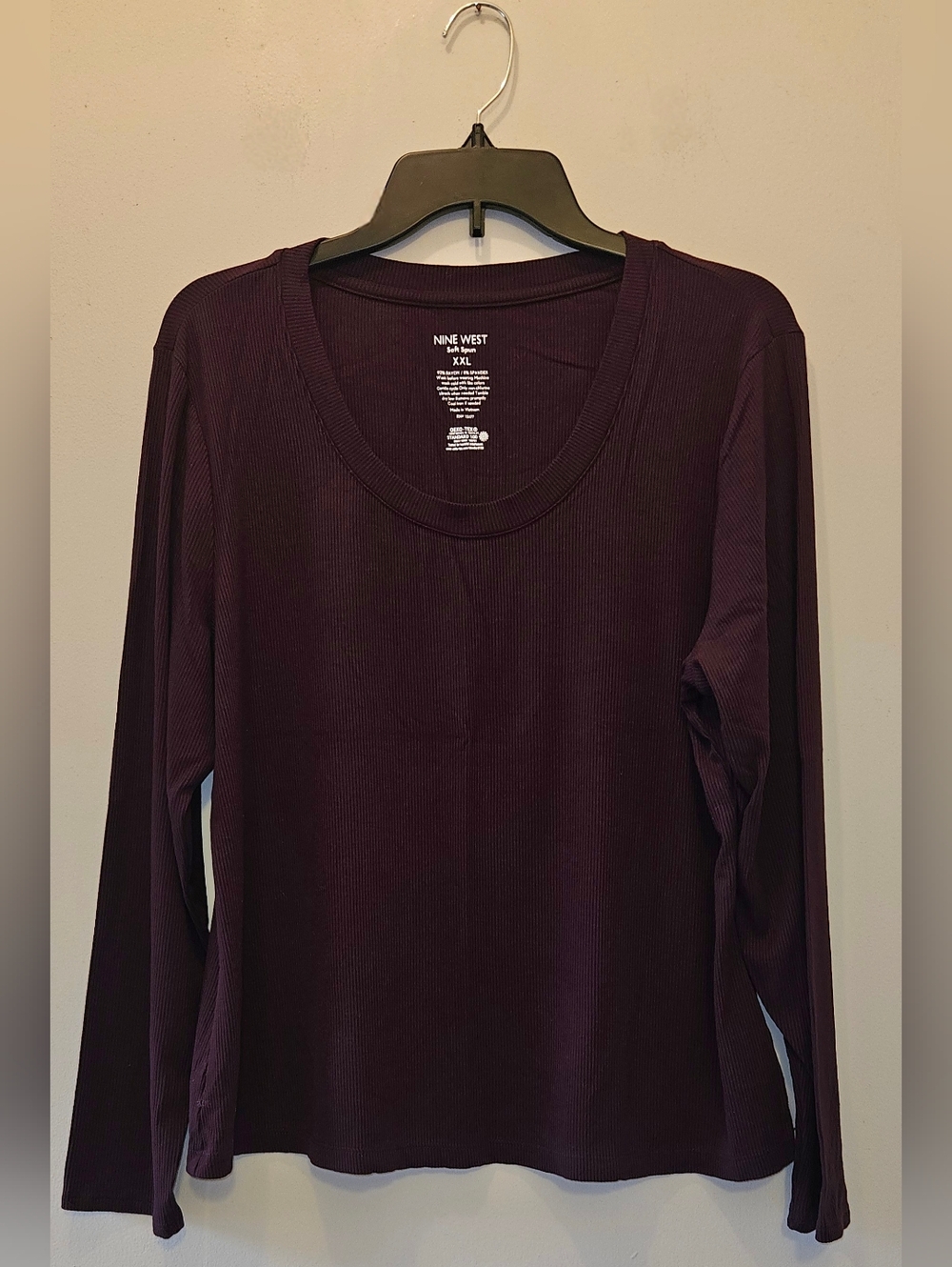 Nine West Soft Spun Women's Long Sleeve Ribbed Tee - Plum